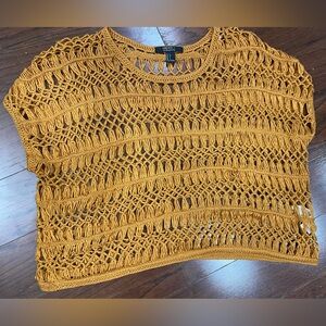 Tan Sweater S Crochet Open Knit Cap Sleeve Beachy Boxy Vacation